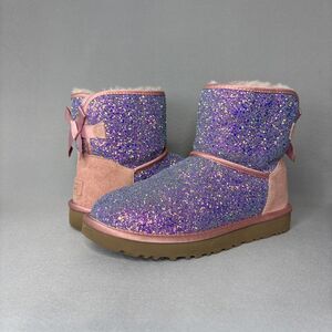 Womens UGG Boots Bailey Bow Purple & Pink Cosmos Sparkles Glitter Rare No Tag 8